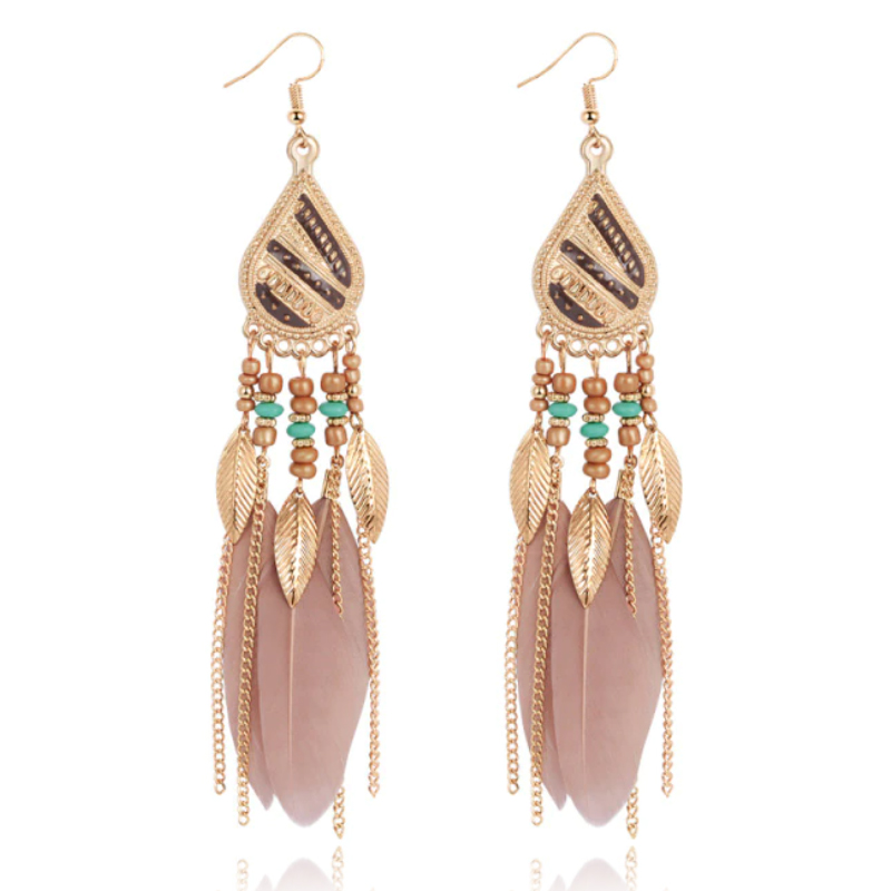 Bohemian oorhangers met bruine veren en kraaltjes 135 mm afbeelding