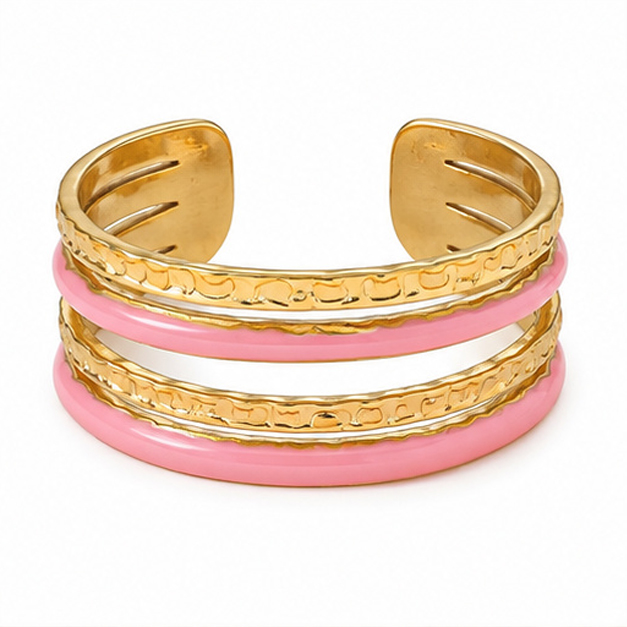 Deja Jewels Goudkleurige Brede Verstelbare Damesring met Roze Banddetails