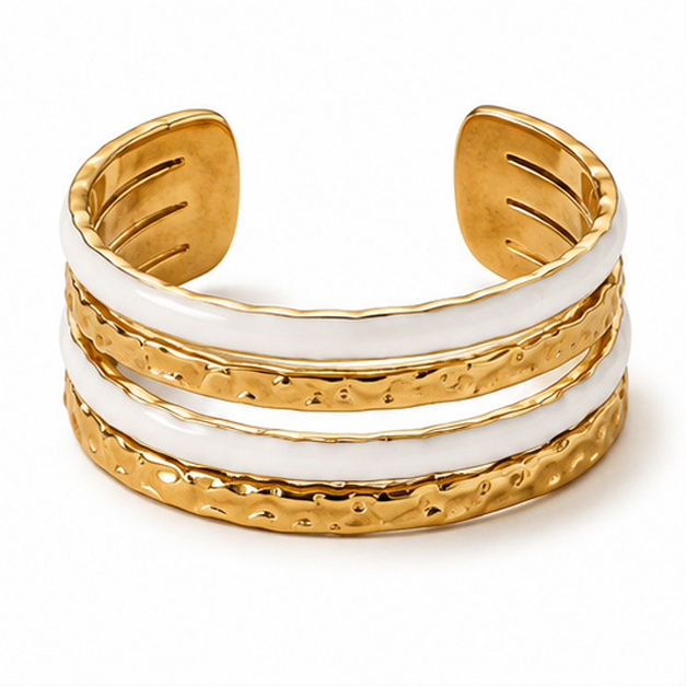 Deja Jewels Goudkleurige Brede Verstelbare Damesring met Witte Banddetails