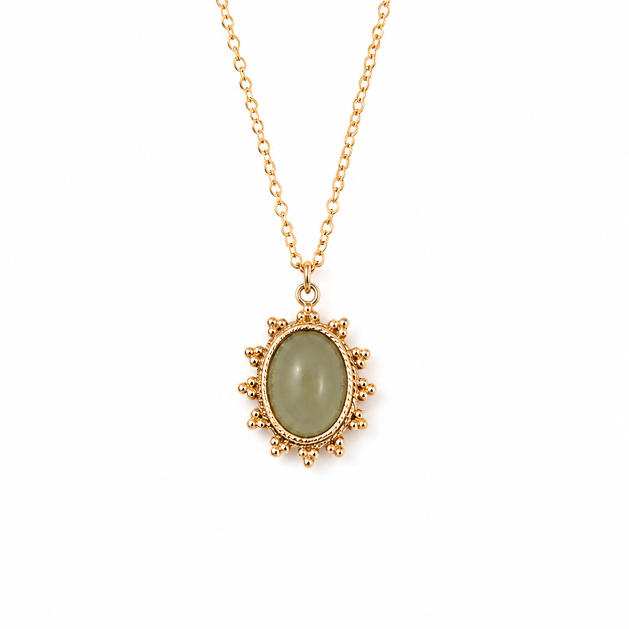 Deja Jewels Goudkleurige Dames Ketting met Olijfgroene Ovale Hanger en Bolletjesrand