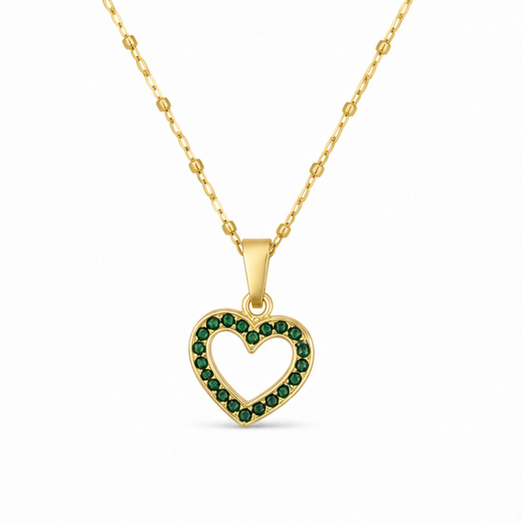 Deja Jewels Goudkleurige Dames Ketting met Open Hart en Groene Zirkonia