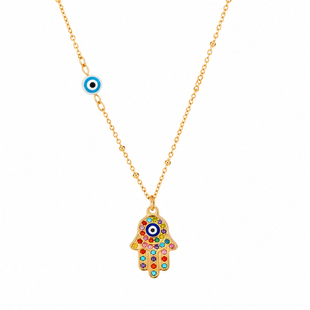 Deja Jewels Goudkleurige Hamsa Damesketting met Multicolor Zirkonia en Boze Oog
