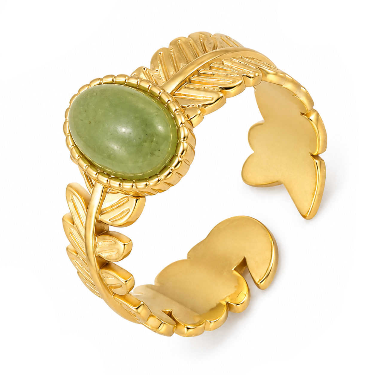 Deja Jewels Goudkleurige Verstelbare Damesring met Groene Steen en Bladmotief