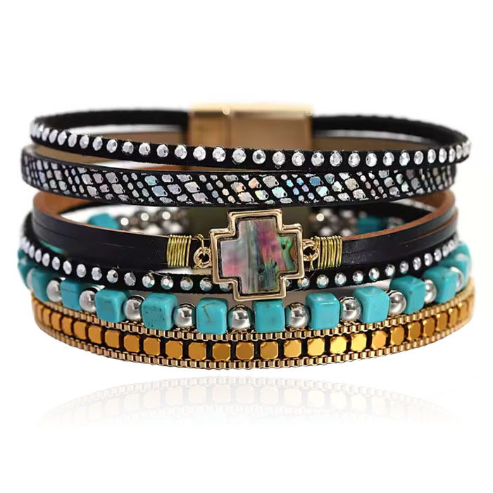 Deja Boho Armband goudkleurig met turquoise kralen en kruis natuursteen in zwart met print afbeelding
