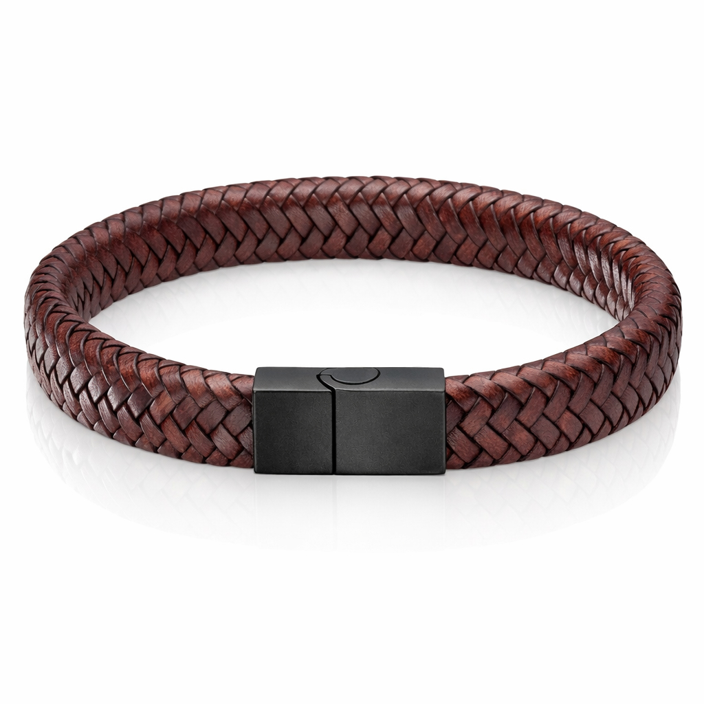 Gevlochten Leren Armband Heren Edelstaal Sluiting Bruin-20.5cm afbeelding 3