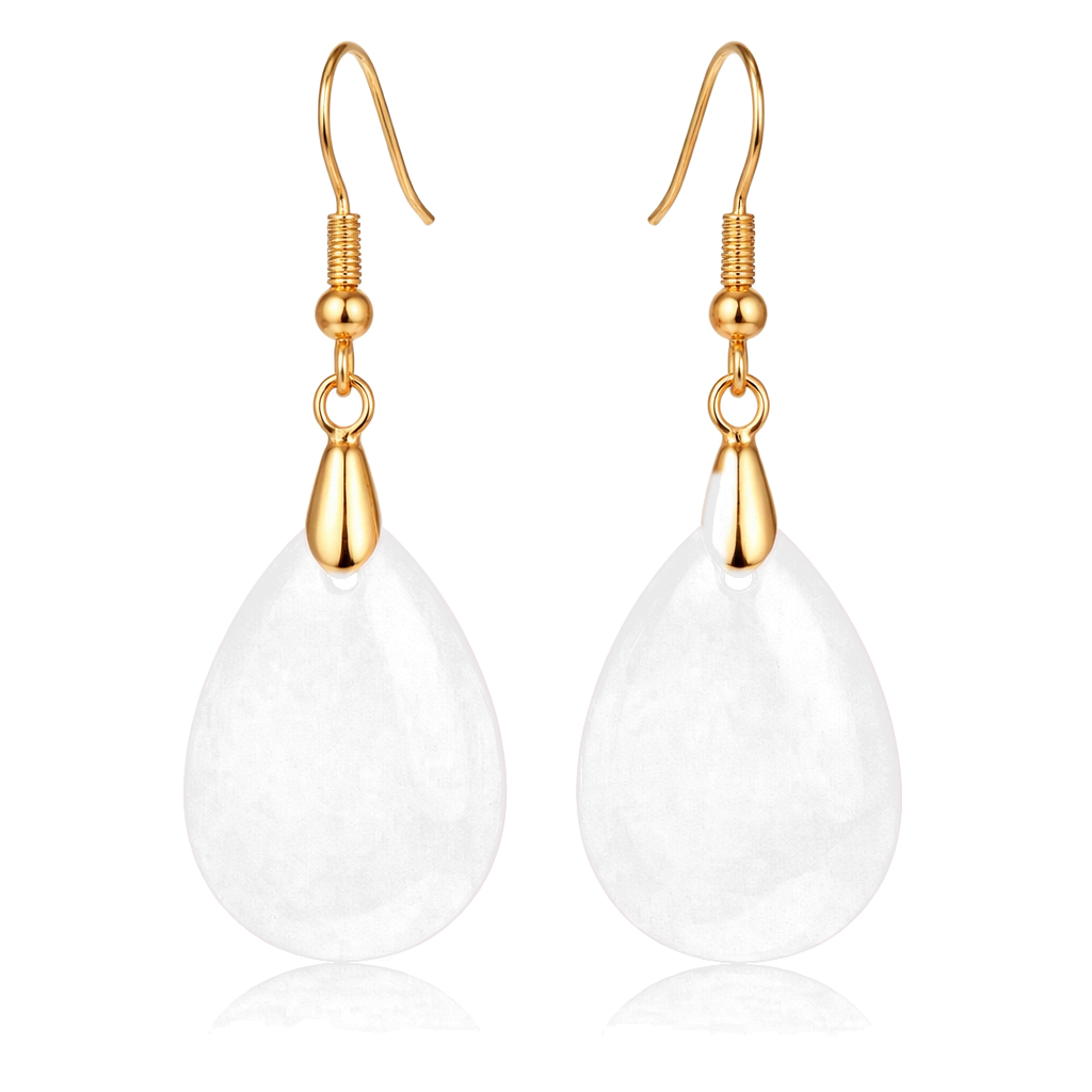 Goudkleurige Oorbellen voor Dames met Druppelvormige Witte Jade Hanger