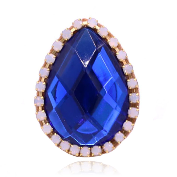 Handgemaakte verstelbare leren ring druppel wit blauw met natuusteen en kristal afbeelding 1