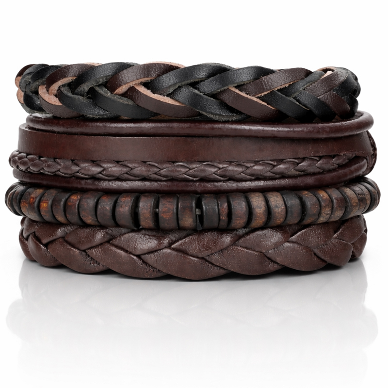 Heren armbanden Set Gevlochten leer Kralen Bruin