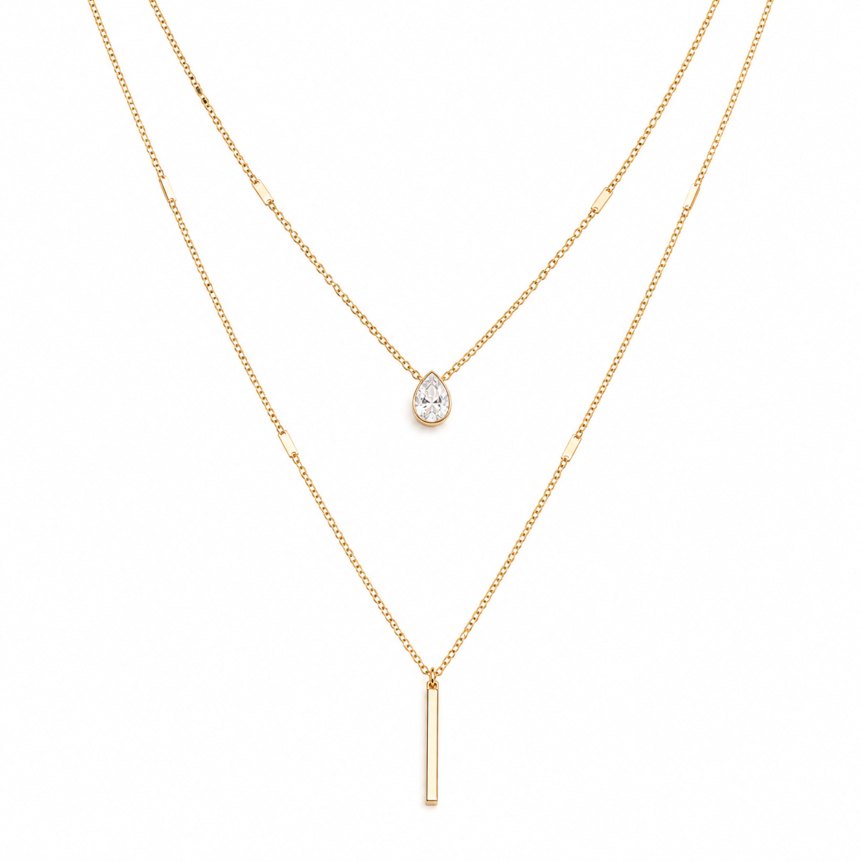 LGT JWLS Goudkleurige 2-Laags Multilayer Ketting voor Dames met Witte Zirkonia en Staafhanger