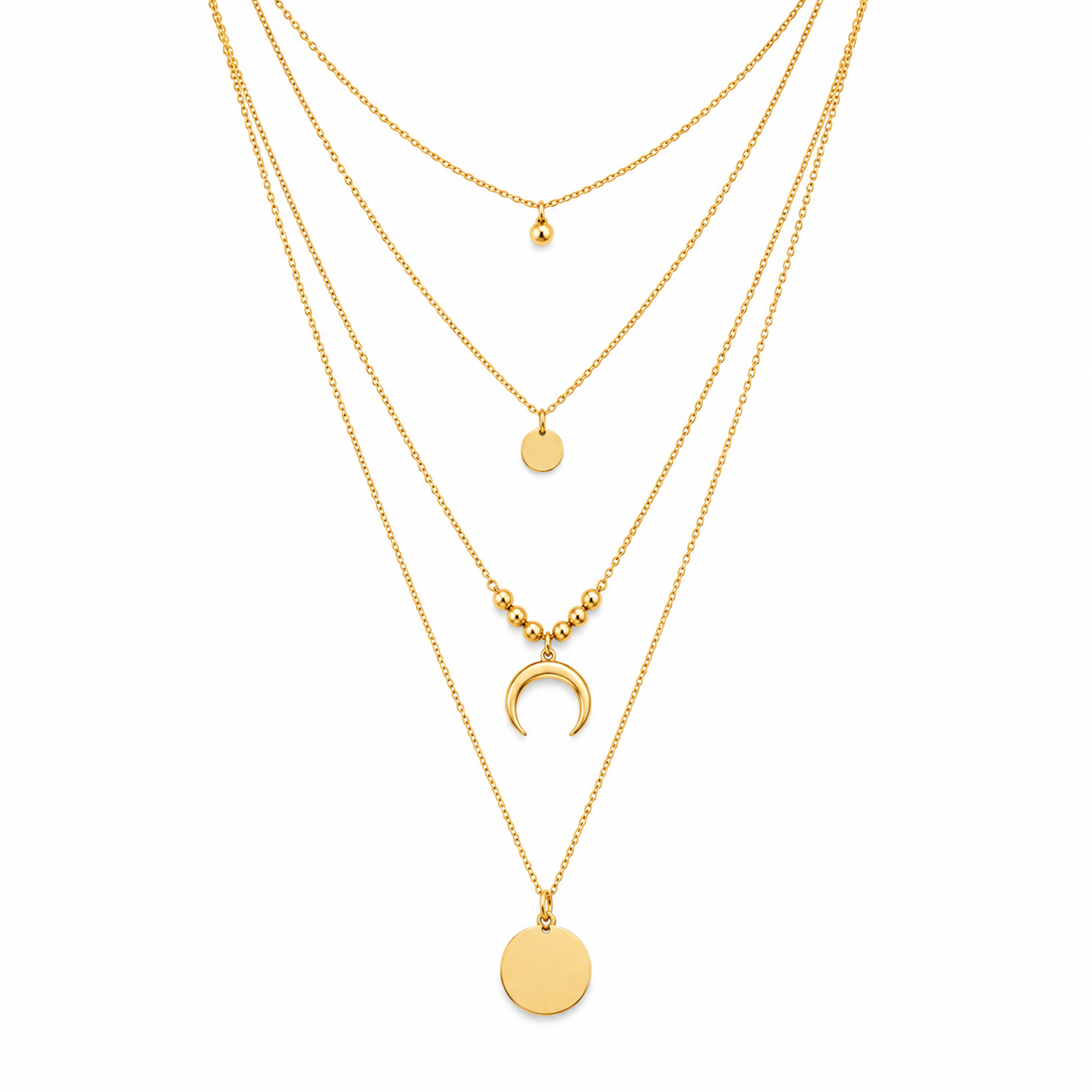 LGT JWLS Goudkleurige 4-Laags Multilayer Ketting voor Dames met Maan en Munthangers