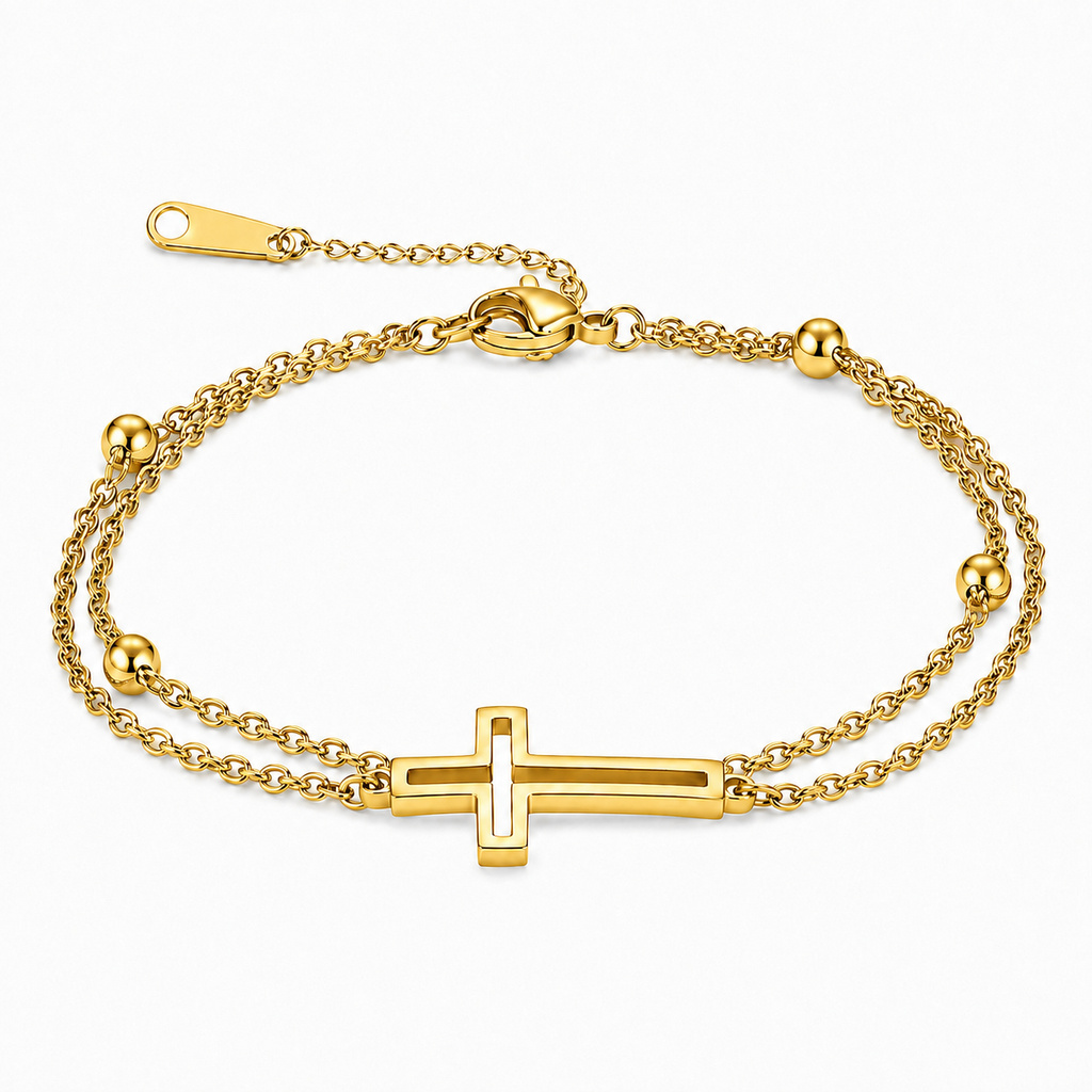 LGT JWLS Goudkleurige Damesarmband van Edelstaal met Dubbele Ketting en Kruis