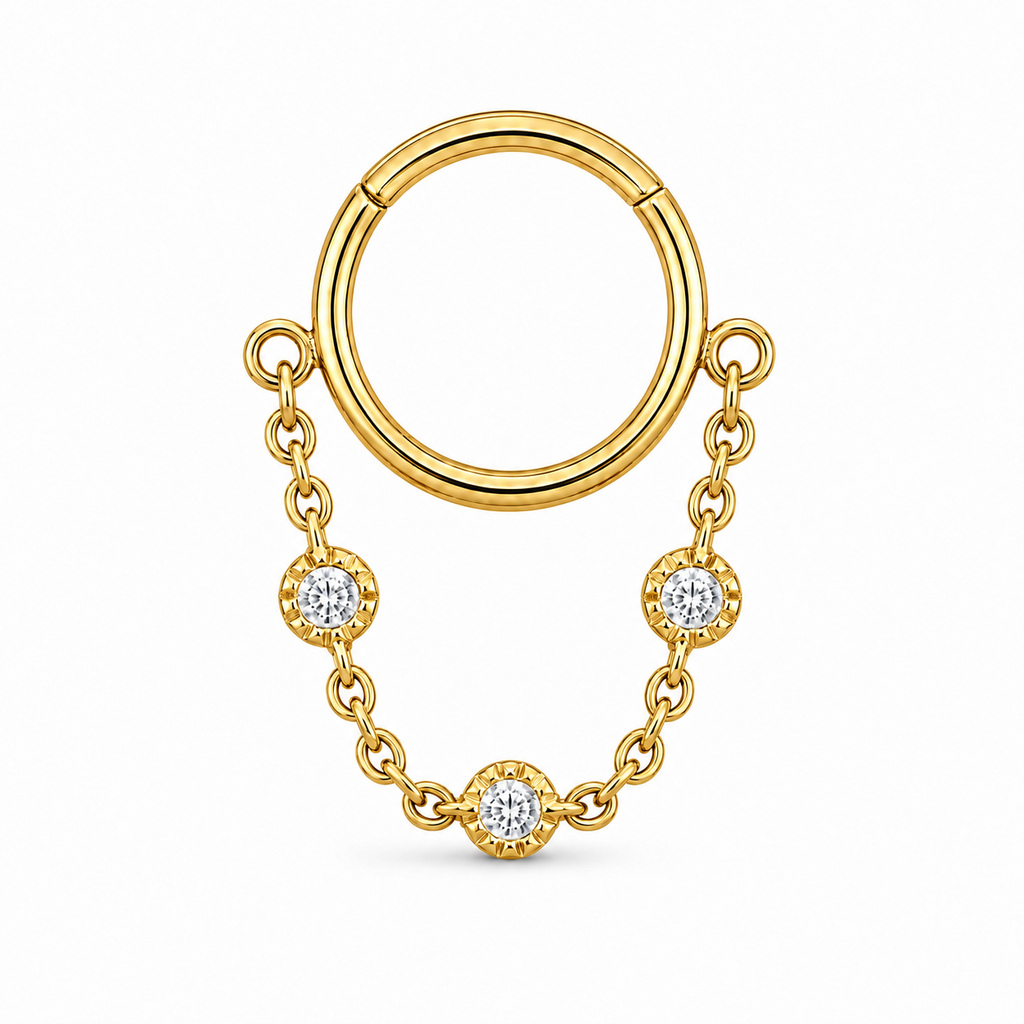LGT JWLS Goudkleurige Segmentring Piercing met Ketting en Heldere Zirkonia voor Neus en Kraakbeen - 10mm