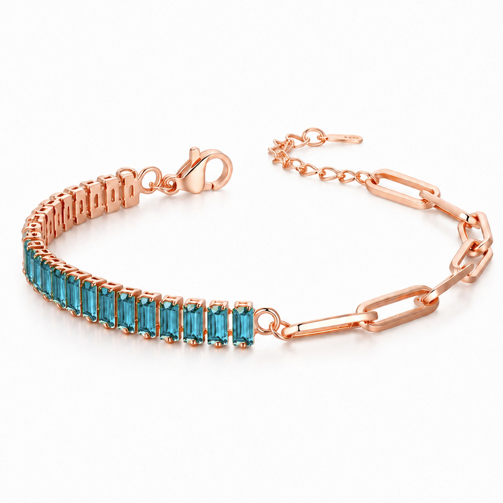 LGT JWLS Rosegoudkleurige Dames Schakelarmband met Lichtblauwe Zirkonia