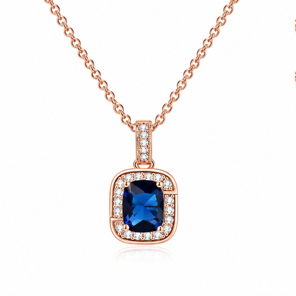 LGT JWLS Rosegoudkleurige Damesketting met Rechthoekige Donkerblauwe Zirkonia Hanger