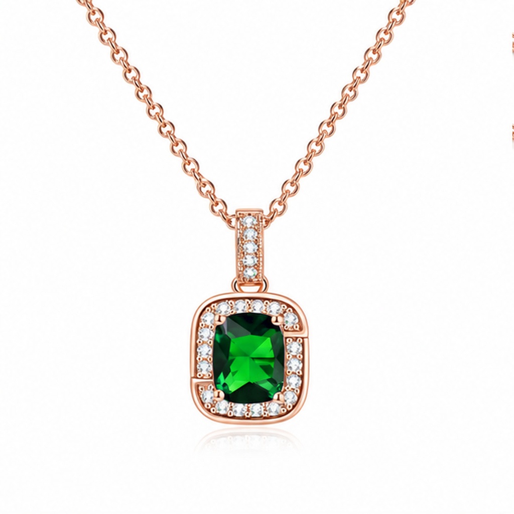 LGT JWLS Rosegoudkleurige Damesketting met Rechthoekige Groene Zirkonia Hanger