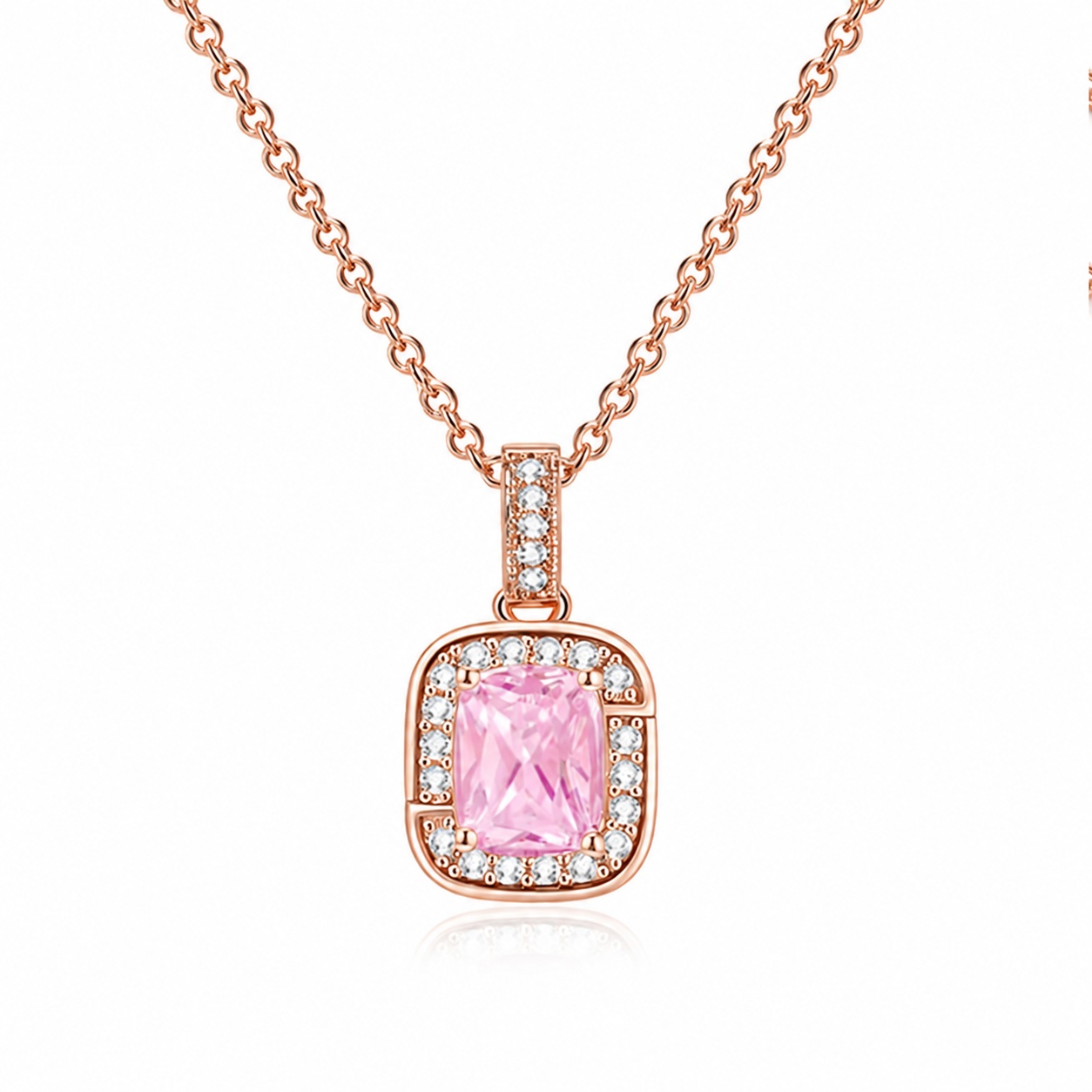 LGT JWLS Rosegoudkleurige Damesketting met Rechthoekige Roze Zirkonia Hanger