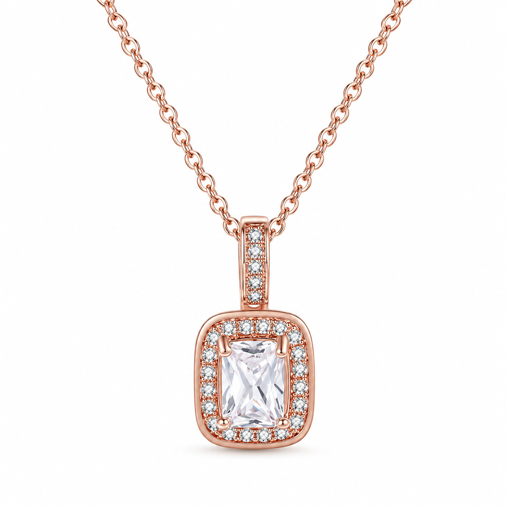 LGT JWLS Rosegoudkleurige Damesketting met Rechthoekige Witte Zirkonia Hanger