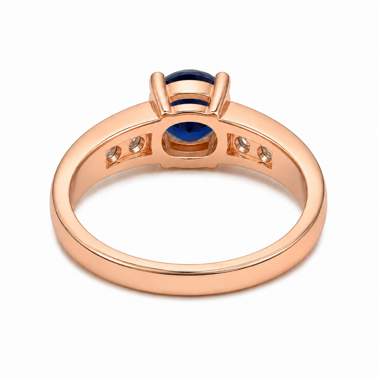 LGT JWLS Rosegoudkleurige Damesring met Blauwe Ronde Zirkonia en Vier Zijstenen - 19mm afbeelding 3