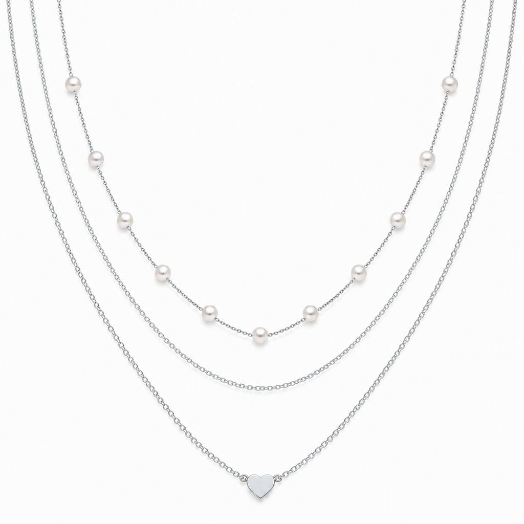 LGT JWLS Zilverkleurige Set van 3 Dameskettingen met Witte Synthetische Parels en Harthanger