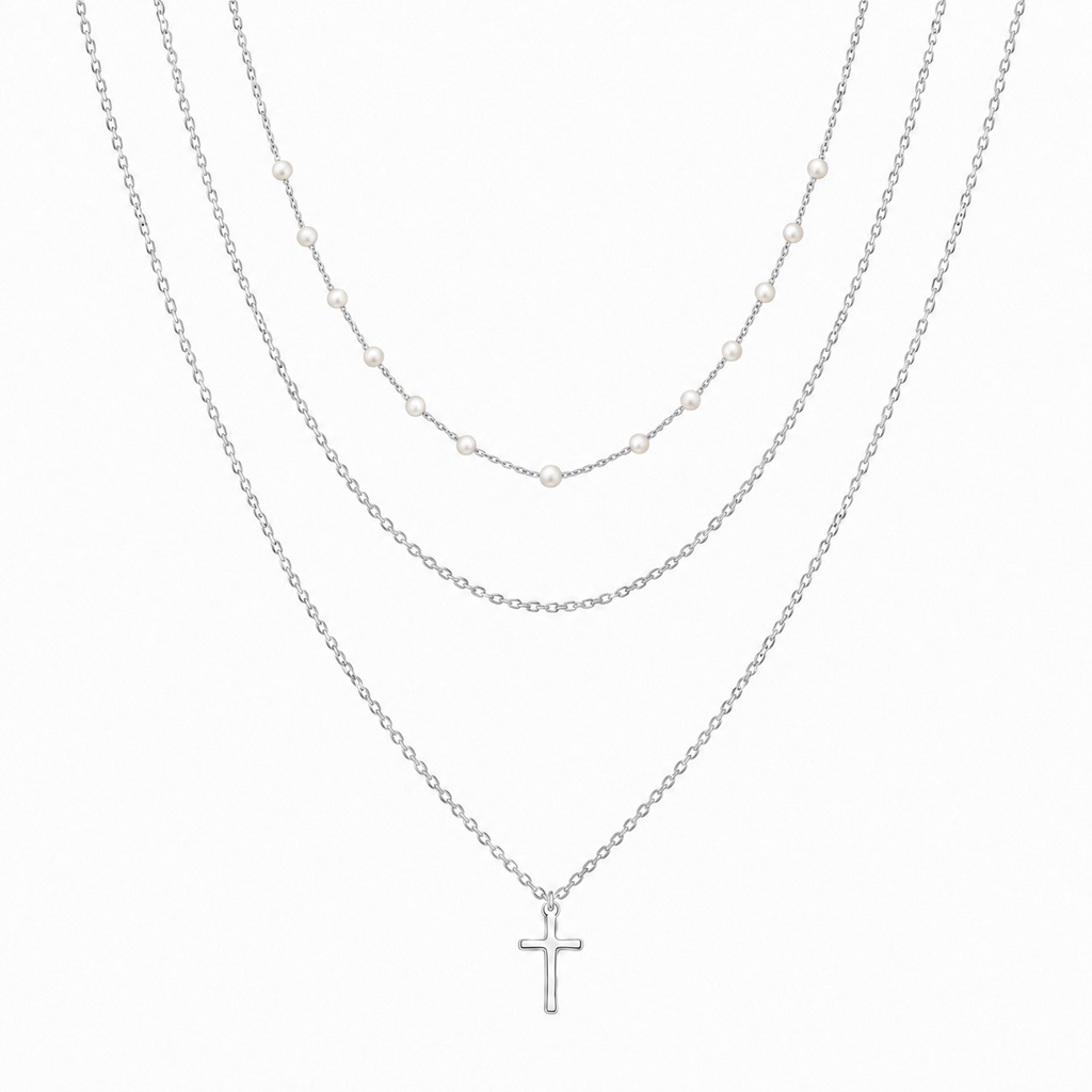 LGT JWLS Zilverkleurige Set van 3 Dameskettingen met Witte Synthetische Parels en Kruishanger