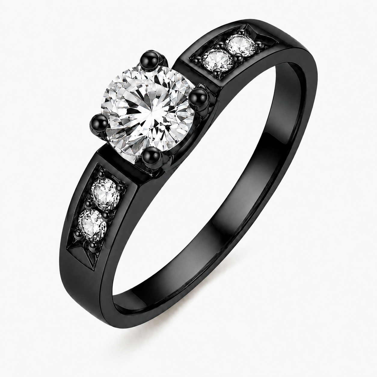 LGT JWLS Zwarte Damesring met Grote Ronde Zirkonia en Vier Zijstenen - 18mm