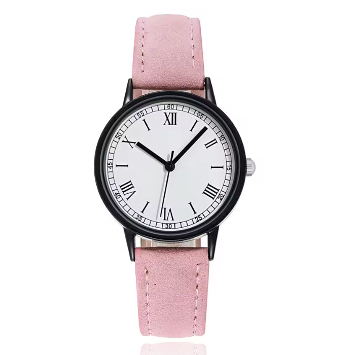 LGT Dameshorloge met zwarte kast, witte wijzerplaat en roze band afbeelding 1