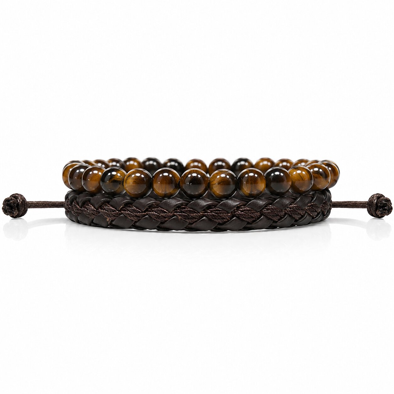 LGT JWLS Natuursteen en Leren Armbandenset - Bruin - Heren Sieraden - Tijgeroog en Leder - voor Mannen