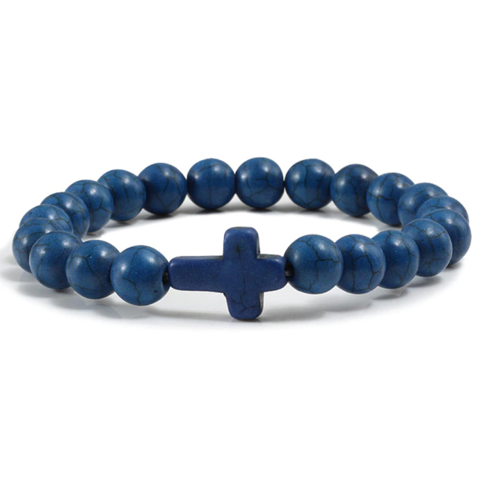 Memphis Kralen Armband met Natuursteen Kruis Donkerblauw