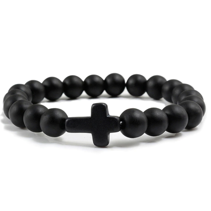 Memphis Kralen Armband met Natuursteen Kruis Mat Zwart