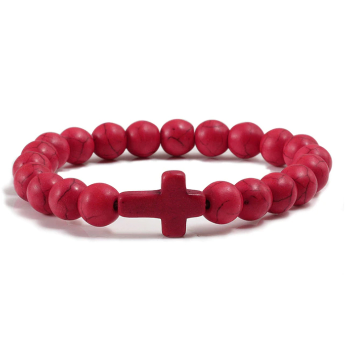 Memphis Kralen Armband met Natuursteen Kruis Rood