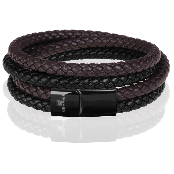 Memphis dubbele wrap armband Duo Leer Bruin Zwart-23cm afbeelding 3