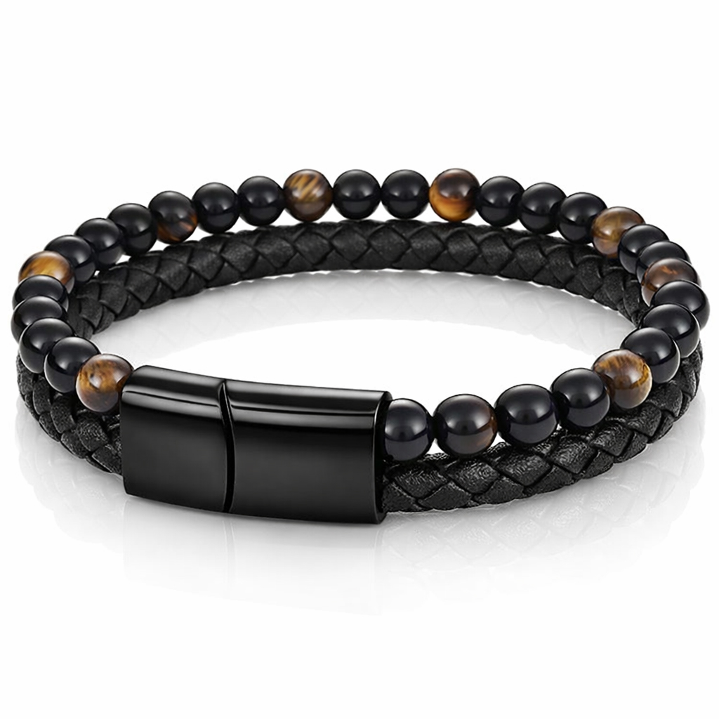 Memphis Heren armband zwart leer Tijgeroog kralen Edelstaal magneet sluiting-23cm afbeelding 3