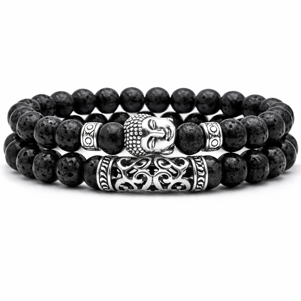 Memphis Heren Kralen Armband Lavasteen en Buddha Zwart afbeelding 1