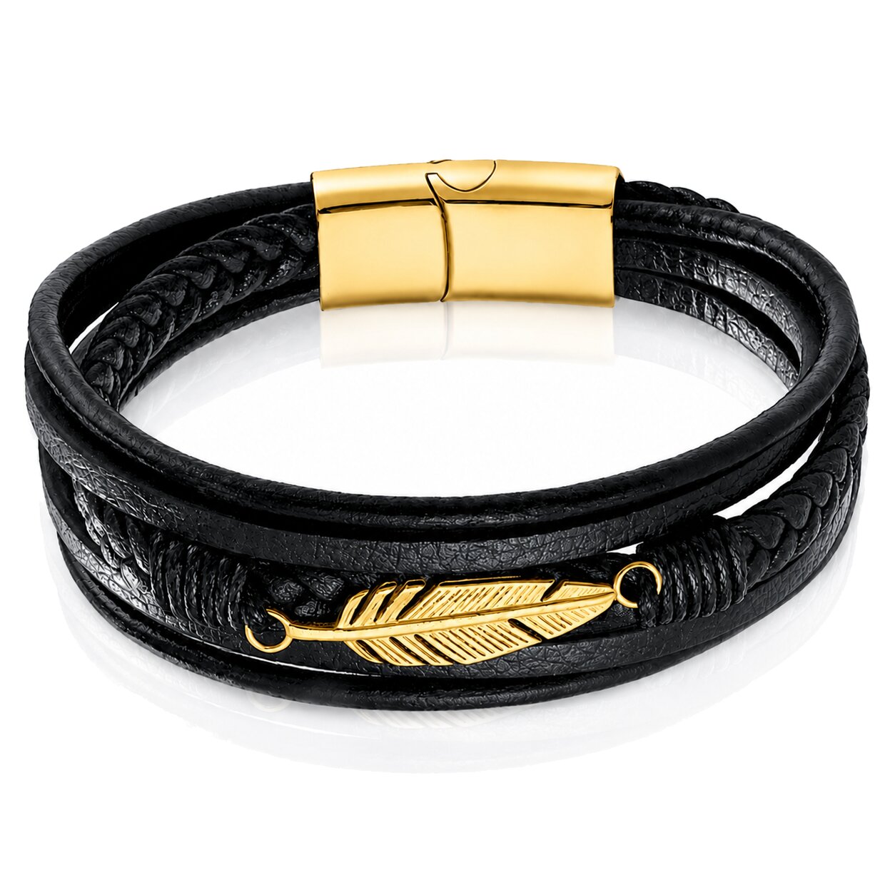 Mendes Jewelry Heren Armband - Stoer Zwart Leder met Bladvormige Stalen Bedel - Goud-19cm