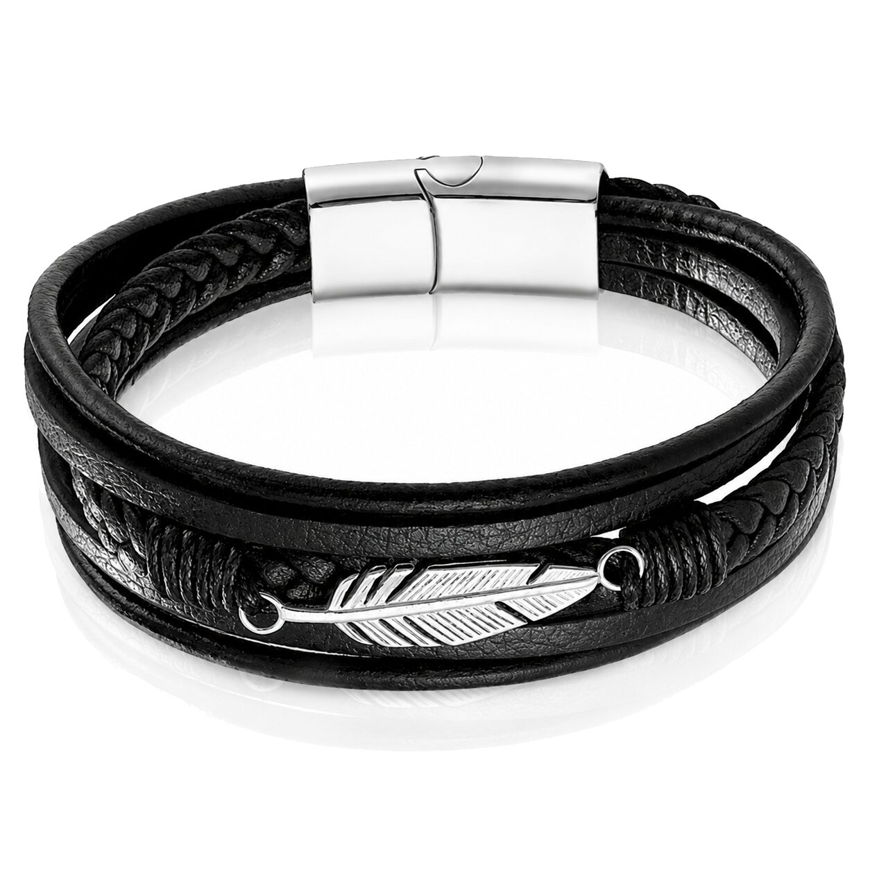Mendes Jewelry Heren Armband - Stoer Zwart Leder met Bladvormige Stalen Bedel - Zilver-19cm afbeelding 1