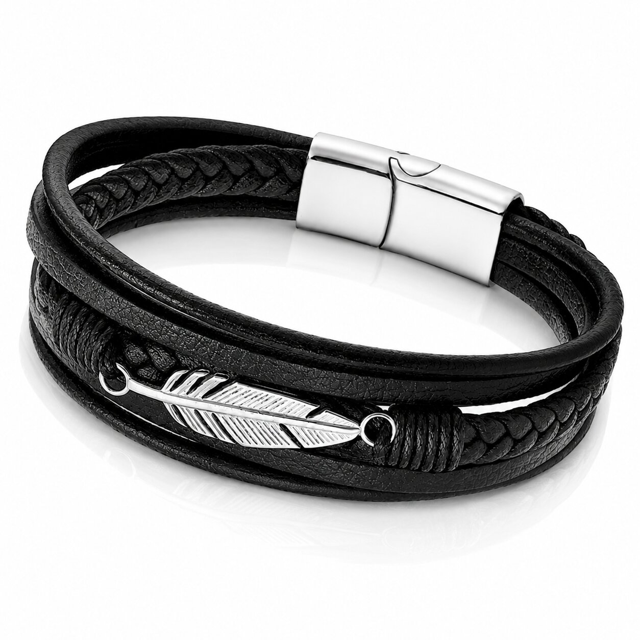 Mendes Jewelry Heren Armband - Stoer Zwart Leder met Bladvormige Stalen Bedel - Zilver-19cm afbeelding 3