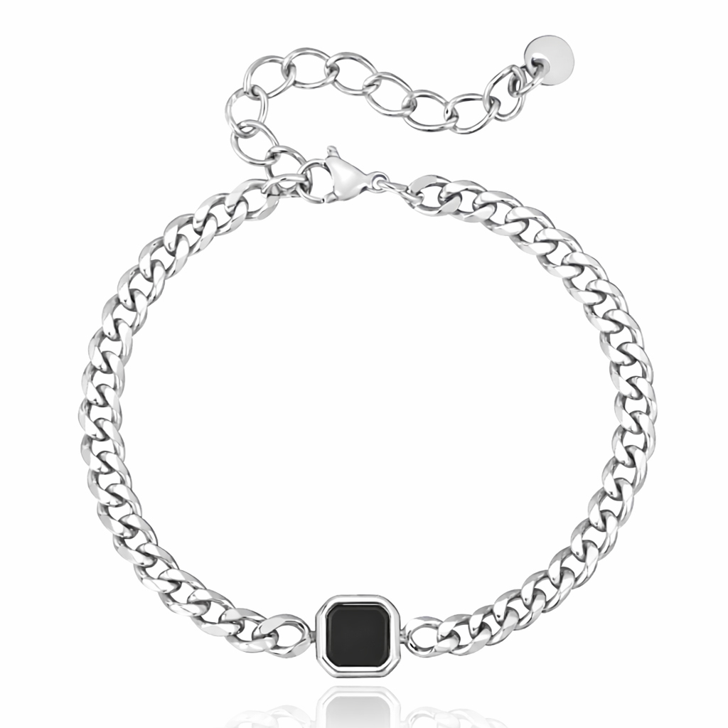 Mendes Stalen Schakelarmband Zilverkleurig Zwarte Agaat