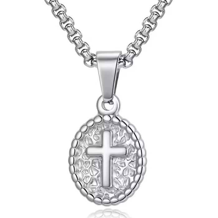 Mendes Zilverkleurige Heren Ketting met Ovale Kruis Hanger