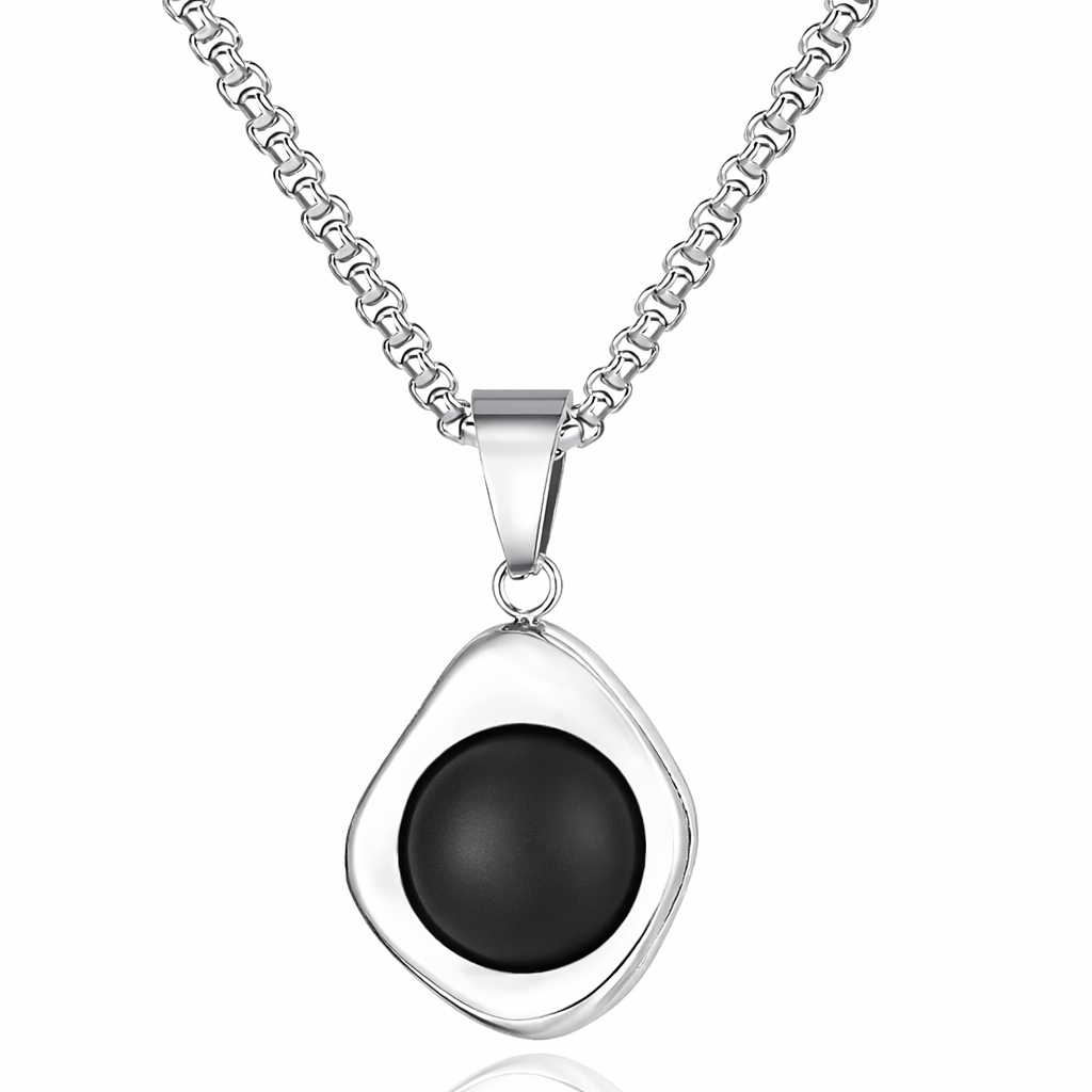 Mendes Zilverkleurige Heren Ketting met Ronde Zwarte Steen Hanger