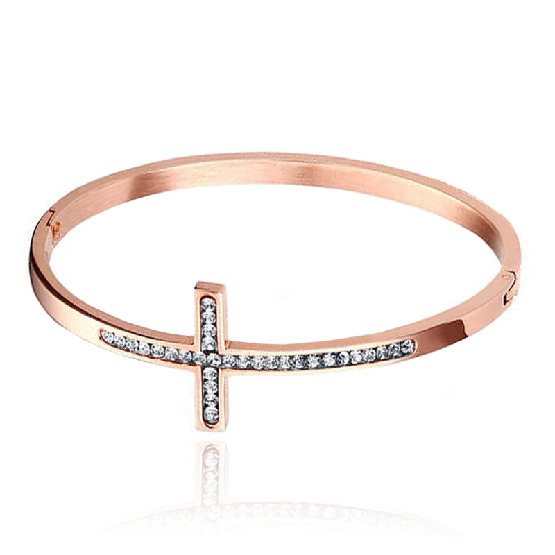 Rose Bangle Damesarmband Edelstaal met Steentjes en Kruis afbeelding