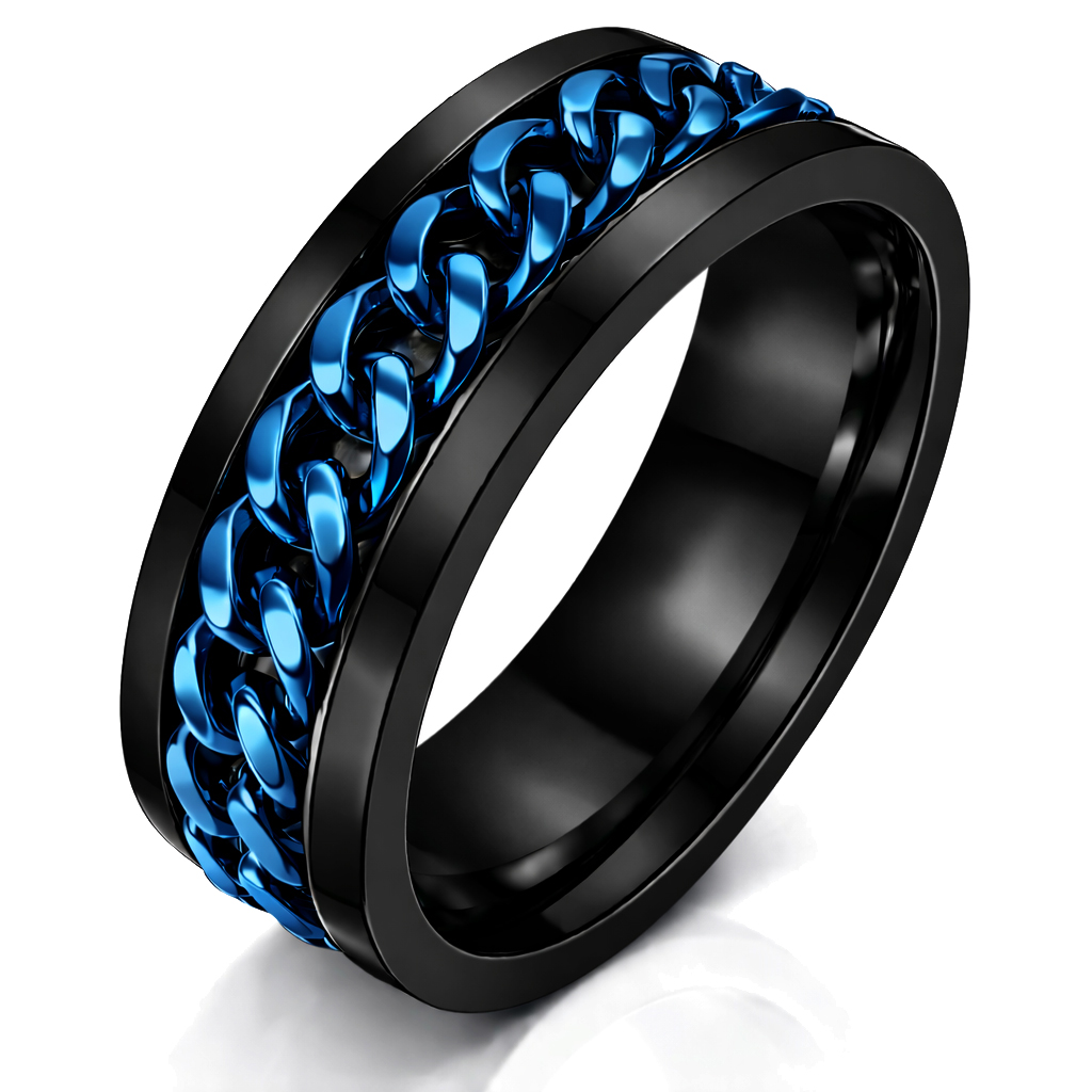 Stalen herenring met Cubaanse ketting Zwart Blauw-21.5mm