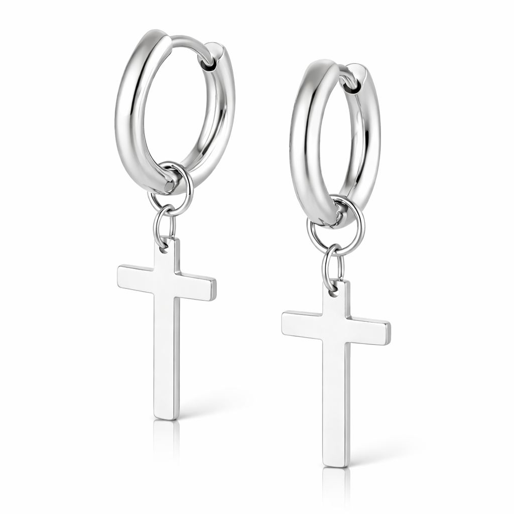 Zilverkleurige Heren Oorringen met Kruis Hanger - RVS Oorbellen Set - Minimalistisch Stoer Design afbeelding 3