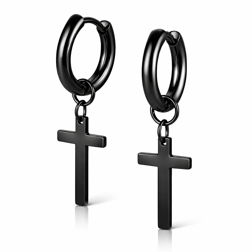 Zwarte Heren Oorringen met Kruis Hanger - RVS Oorbellen Set - Minimalistisch Stoer Design afbeelding 3