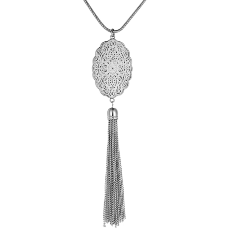 Zilverkleurige lange dames ketting met medaillon en kwastje afbeelding 1