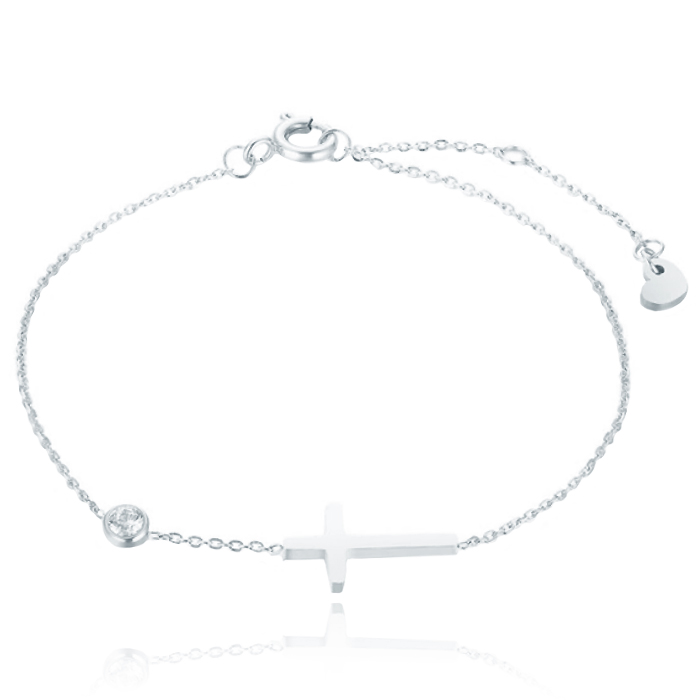 Zilverkleurige Schakelarmband met Steentje en Kruis afbeelding